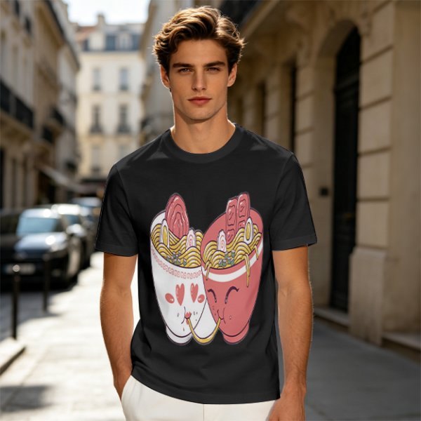 Olive T-Shirt With Cute Ramen Cups In Love Graphic
