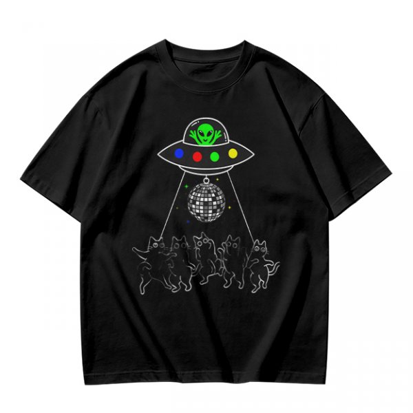 Olive T-shirt with UFO Alien and Disco Dancing Cats Print
