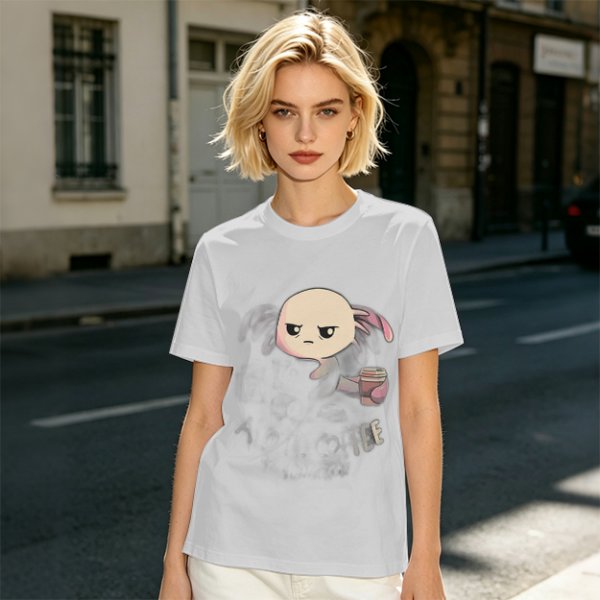 Olive T-shirt with Grumpy Axolotl Holding Coffee Print
