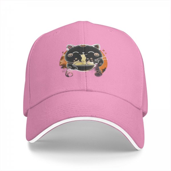Black Baseball Cap With Cute Maneki-neko Cat Eating Ramen Design