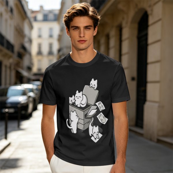 Olive T-Shirt With Playful Cats Emerging From Printer Graphic