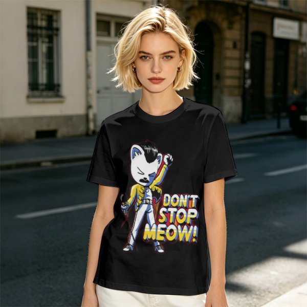 Olive graphic t-shirt with cat Freddie Mercury 'Don't Stop Meow' print