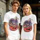 Halloween pumpkin ramen bowl with cute monster graphic t-shirt