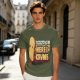 Olive graphic tee with playful bread character and 'Ready or Not Here I Crumb' text