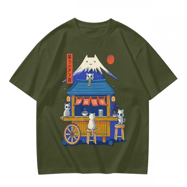 Olive t-shirt with cat ramen stall and Mount Fuji graphic