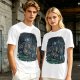 Olive Green T-Shirt With Night Graveyard Cat Illustration