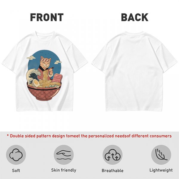 Cat Chef Eating Ramen in Great Wave Bowl T-Shirt