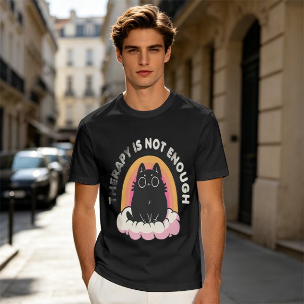 Olive graphic tee with black cat, rainbow, and 'Therapy Is Not Enough' text