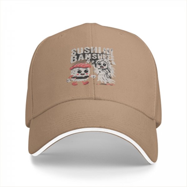 Black baseball cap with sushi and banshees graphic design