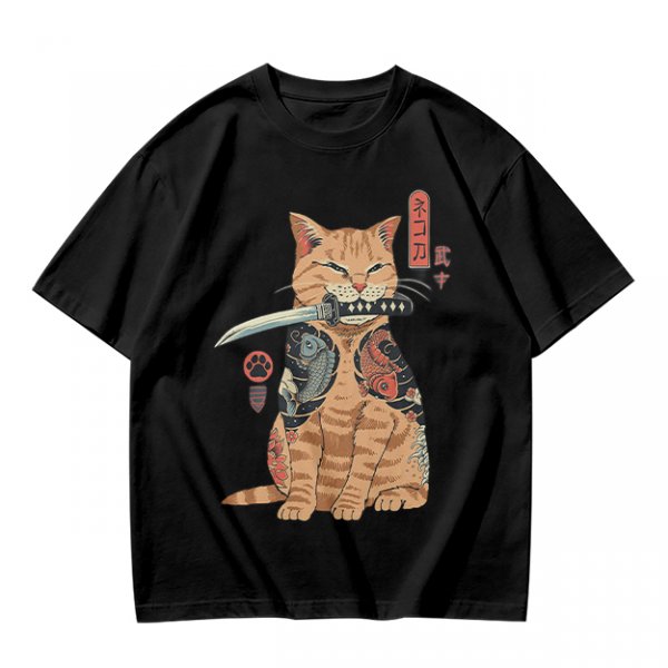 Olive T-Shirt With Samurai Cat Holding Katana And Koi Tattoos