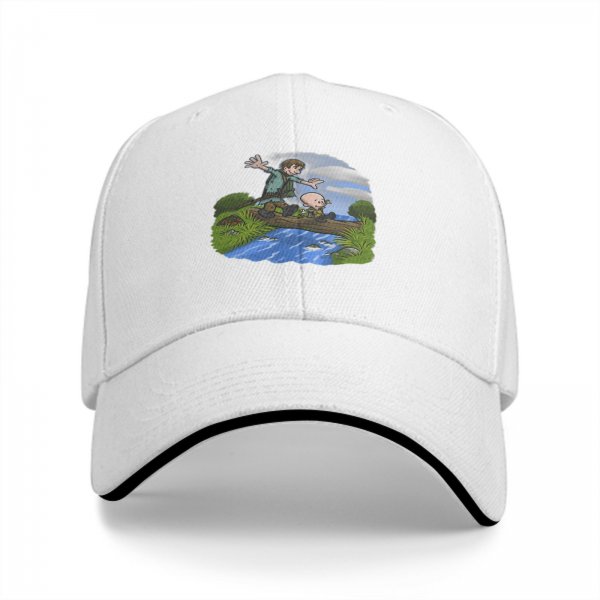 Black Baseball Cap With Cartoon Boys Crossing Stream Artwork