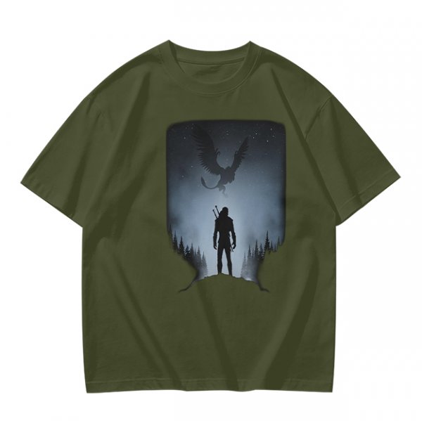 Olive T-Shirt With Dark Fantasy Silhouette Print Of Warrior And Winged Beast
