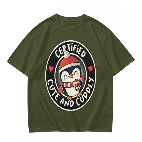 Olive T-Shirt with Cute Penguin 'Certified Cute and Cuddly' Print