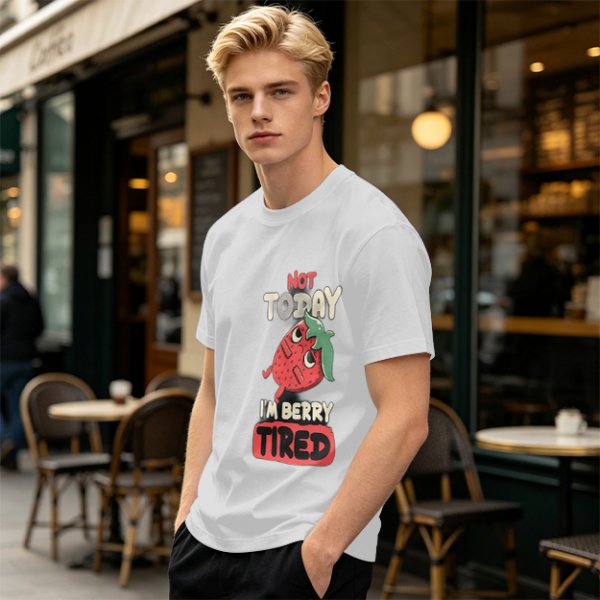 Olive T-Shirt with 'Not Today I'm Berry Tired' Strawberry Print