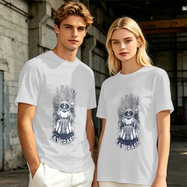 Olive graphic t-shirt with raccoon 'Live Fast Eat Trash' print