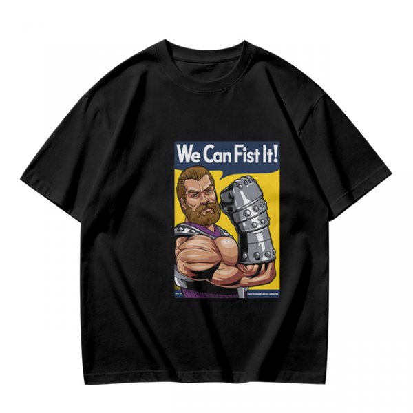 Olive graphic t-shirt with We Can Fist It! armored warrior print