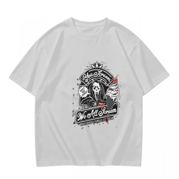 Olive green graphic t-shirt with horror ice cream themed print