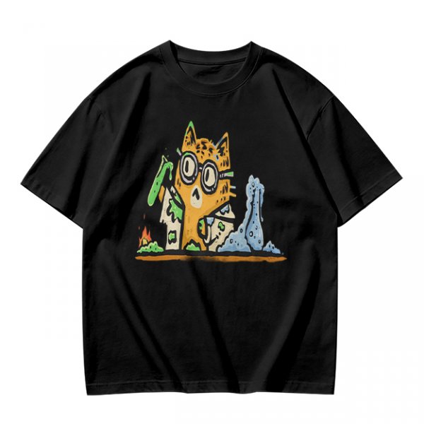Olive T-Shirt With Mad Scientist Cat Chemistry Lab Print
