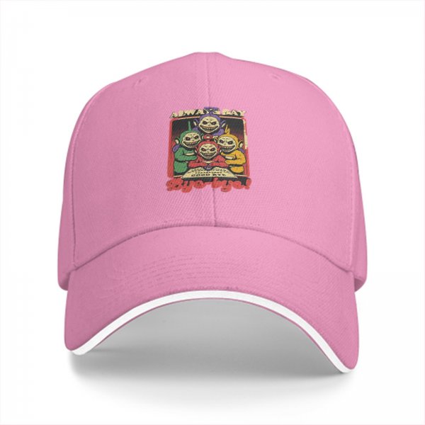 Black baseball cap with creepy Teletubbies 'Always Say Bye-bye' print