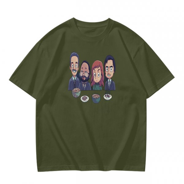 Olive T-shirt with Cartoon Group of Four People and Bowls Print