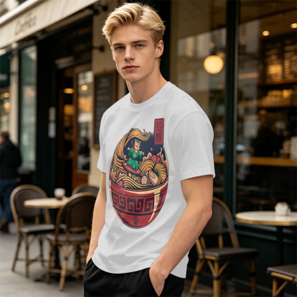 Olive T-shirt with Samurai Cat Surfing Ramen Bowl Art