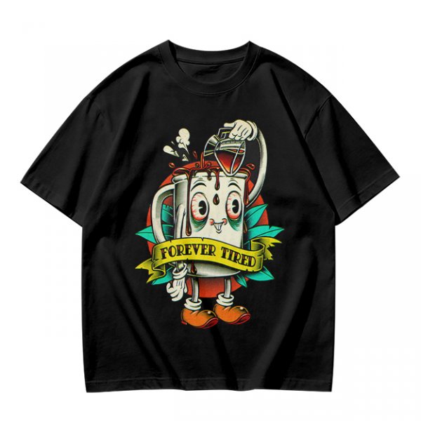 Forever Tired Coffee Mug Cartoon Character T-Shirt Design