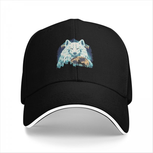Black Baseball Cap With White Wolf And Moon Graphic Design