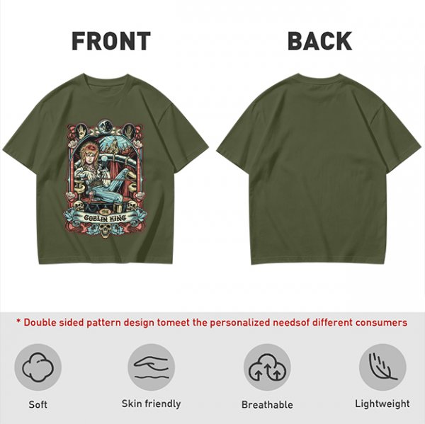 Olive green t-shirt featuring The Goblin King tarot-style artwork