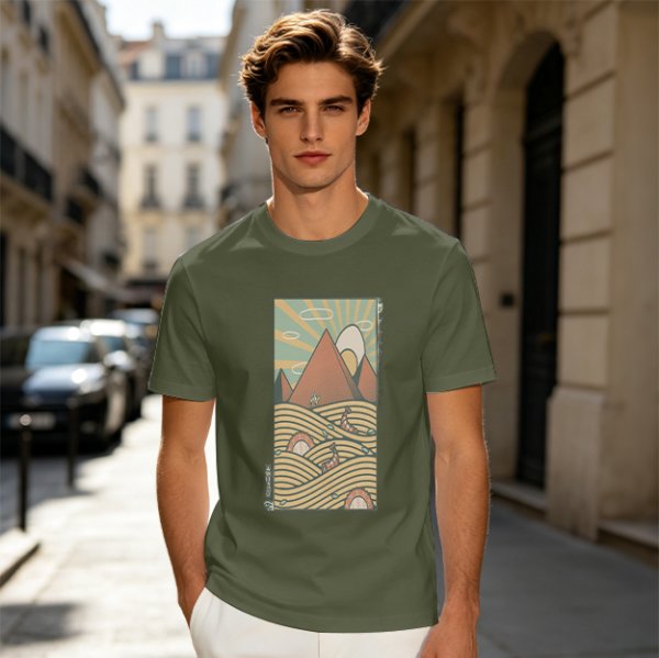 Olive T-Shirt With Retro Mountain And Ramen Noodle Landscape Print