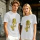 Olive T-shirt with a grumpy cartoon dinosaur holding a coffee mug