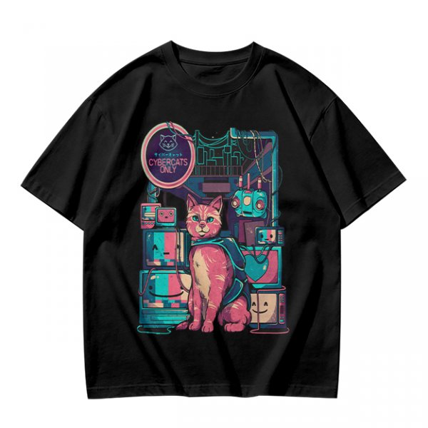 Olive T-Shirt with Cyberpunk Pink Cat and Robotic Tech Print