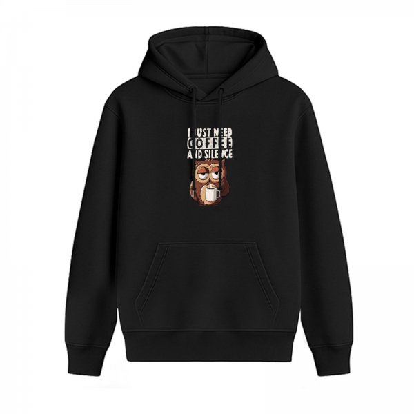 Black hoodie with coffee and silence owl graphic print