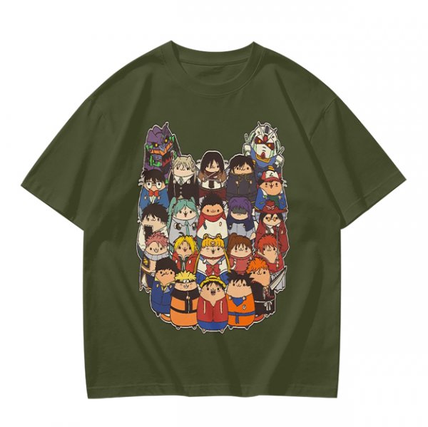 Olive T-shirt with cute chibi anime character group print