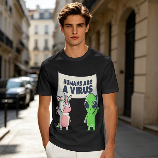 Olive T-shirt with Unicorn and Alien Holding 'Humans Are A Virus' Sign