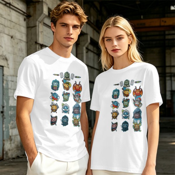 Olive Green T-Shirt With Fantasy Character Icons Print