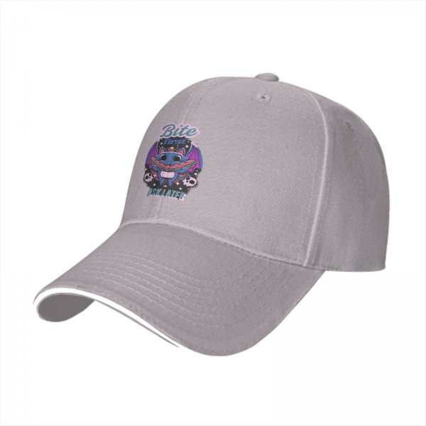 Black baseball cap with cute bat graphic and 'Bite First Ask Later' text
