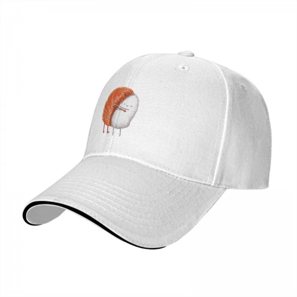 Black Baseball Cap With Cute Salmon Sushi Character Print