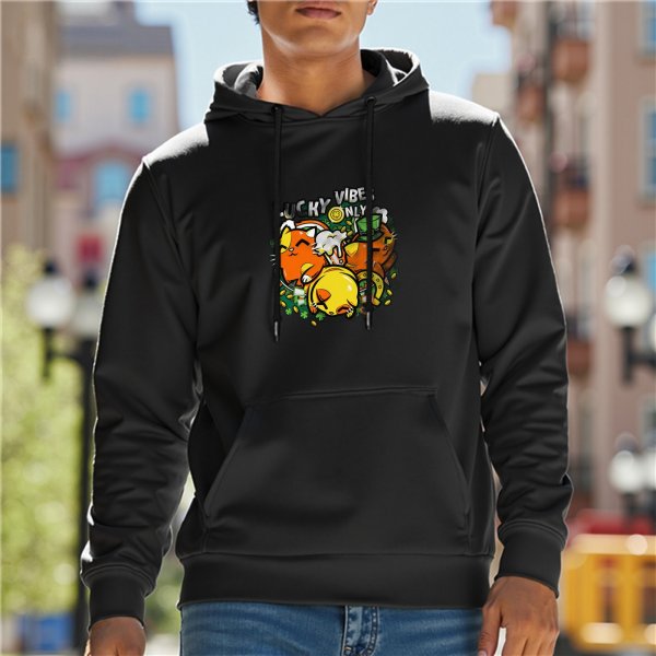 Black hoodie with lucky vibes cat and shamrock graphic