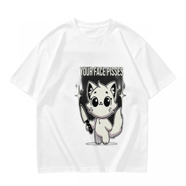 Olive graphic t-shirt with angry cartoon cat holding knife