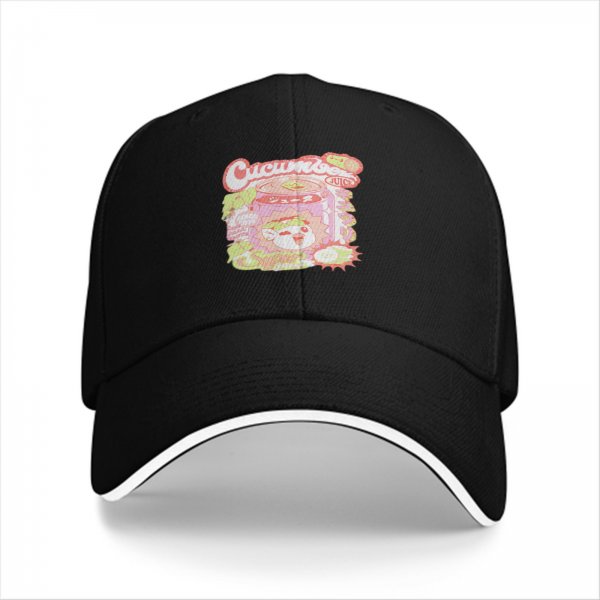 Black Baseball Cap With Pastel Cucumber Themed Graphic Print