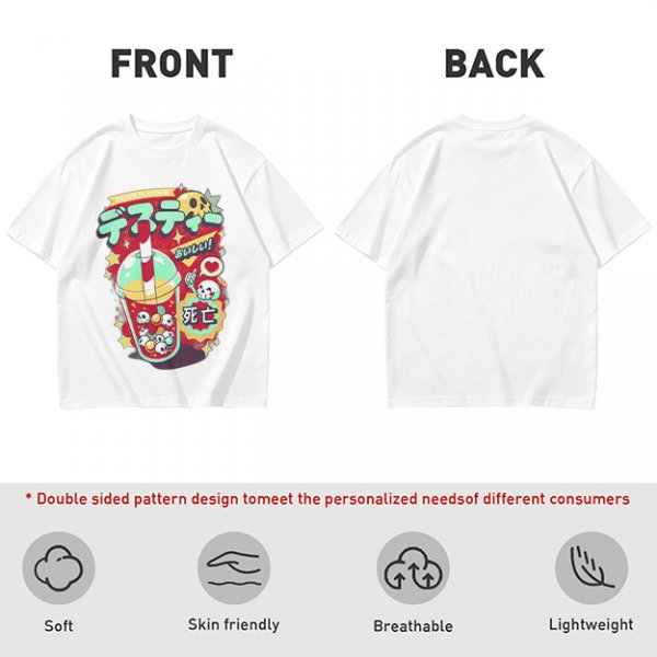 Olive t-shirt with spooky skull bubble tea graphic and Japanese text