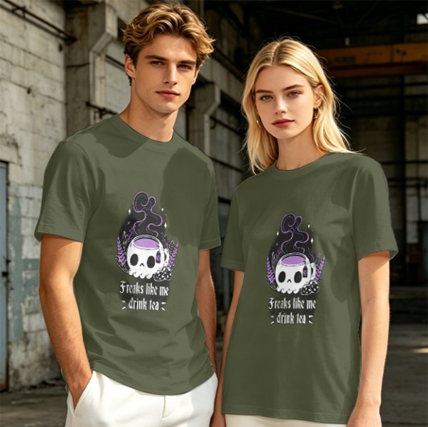 Olive graphic t-shirt with skull tea cup and 'Freaks like me drink tea' text