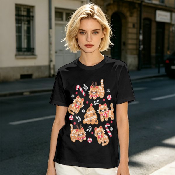 Olive Green Christmas Cat Gingerbread Graphic T-Shirt