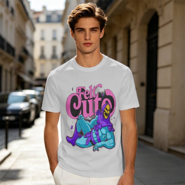 Olive t-shirt with 'Felt Cute' Skeletor graphic print