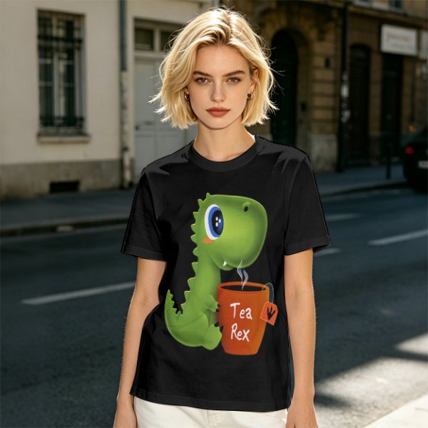 Olive green t-shirt with cute Tea Rex dinosaur holding a steaming tea mug