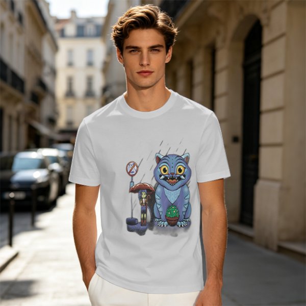 Olive T-Shirt With Whimsical Blue Cat And Mushroom Figure Print