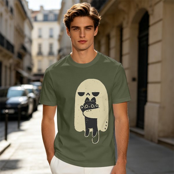 Olive T-Shirt With Ghost Holding Black Cat Graphic