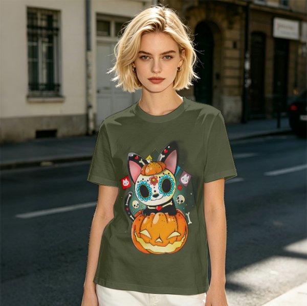 Olive t-shirt with sugar skull cat on jack-o'-lantern