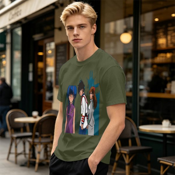 Anime Character Graphic Olive Green T-Shirt