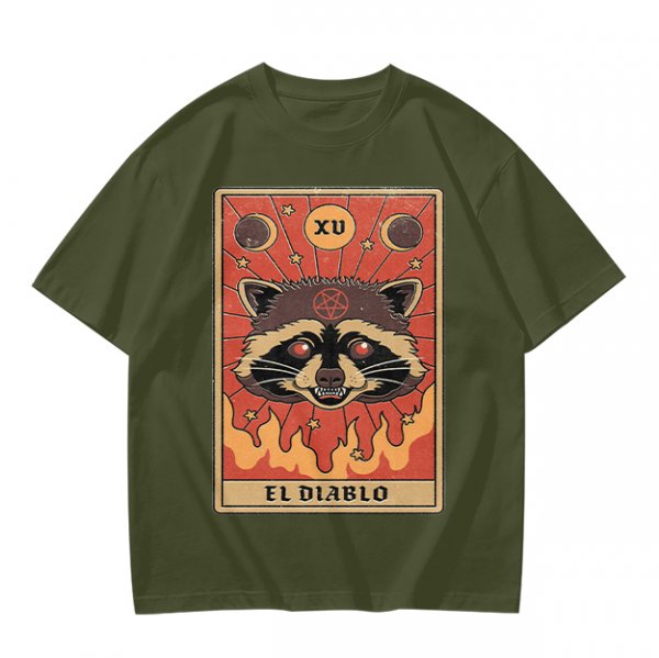 Olive T-Shirt With Raccoon El Diablo Tarot Card Print